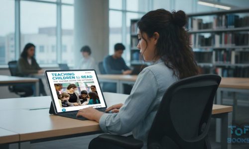 student checking out the book teaching children to read 9th edition in a library on a laptop